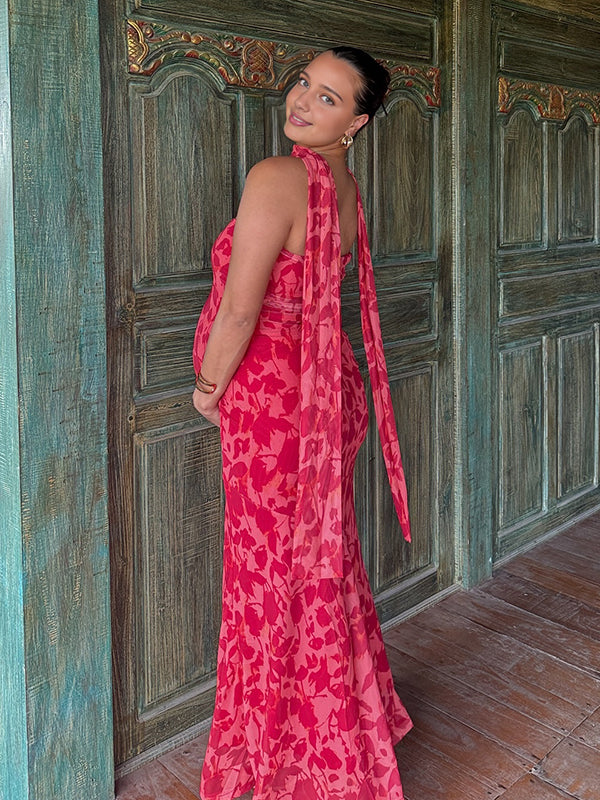 Beaumama robe longue grossesse chic cocktail imprimé fleurie sirene ruban bustier femme enceinte