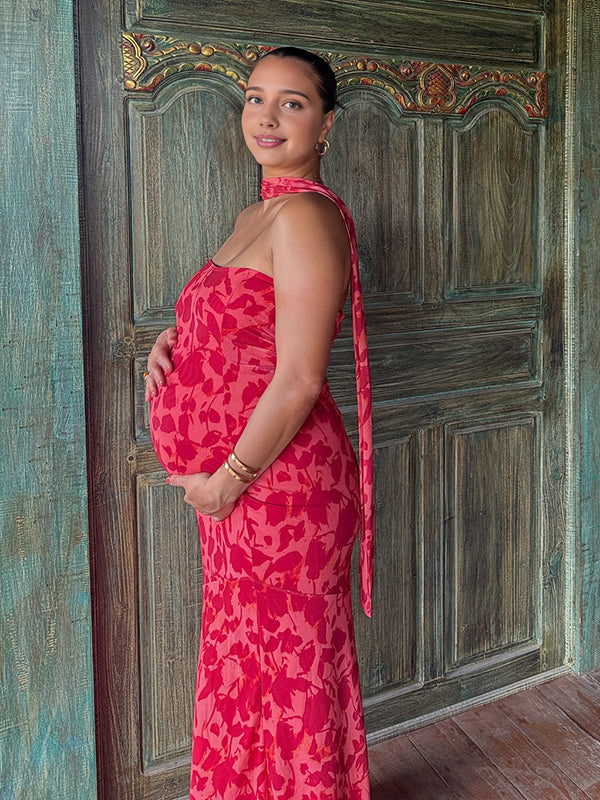 Beaumama robe longue grossesse chic cocktail imprimé fleurie sirene ruban bustier femme enceinte