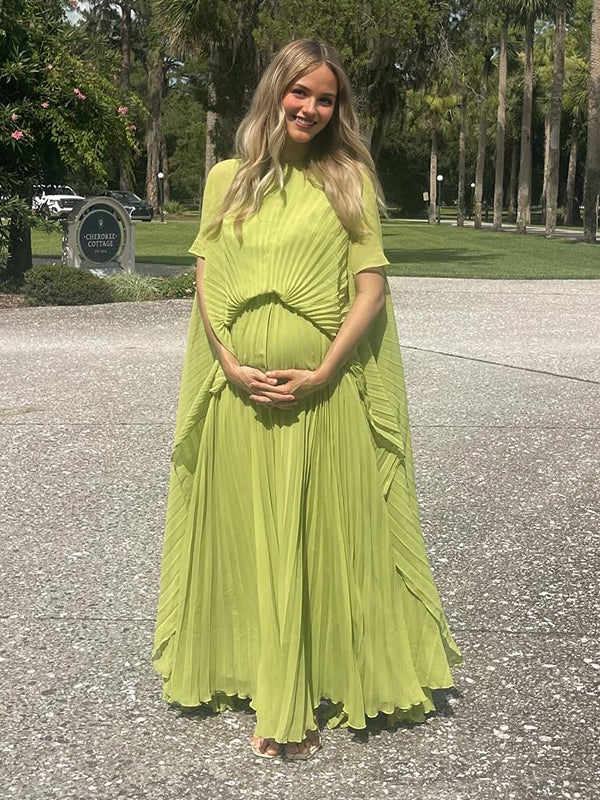Beaumama robe longue grossesse chic soirée plissé fluide dos nu vert clair femme enceinte