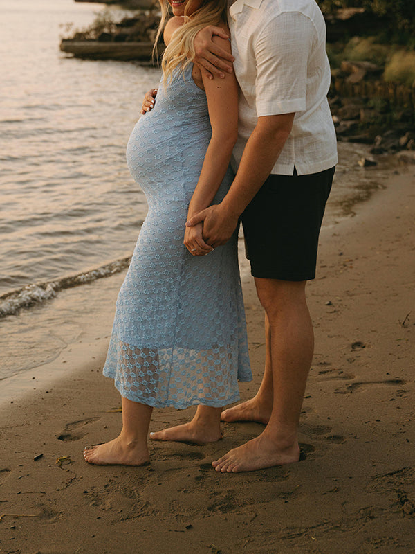 Beaumama robe shooting longue grossesse broderie marguerite spaghettiträger photo moulante femme enceinte