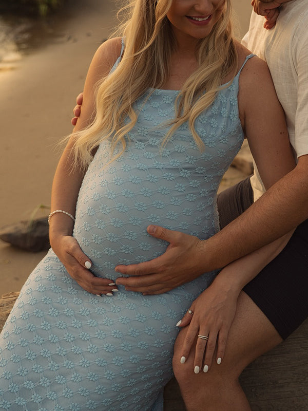 Beaumama robe shooting longue grossesse broderie marguerite spaghettiträger photo moulante femme enceinte