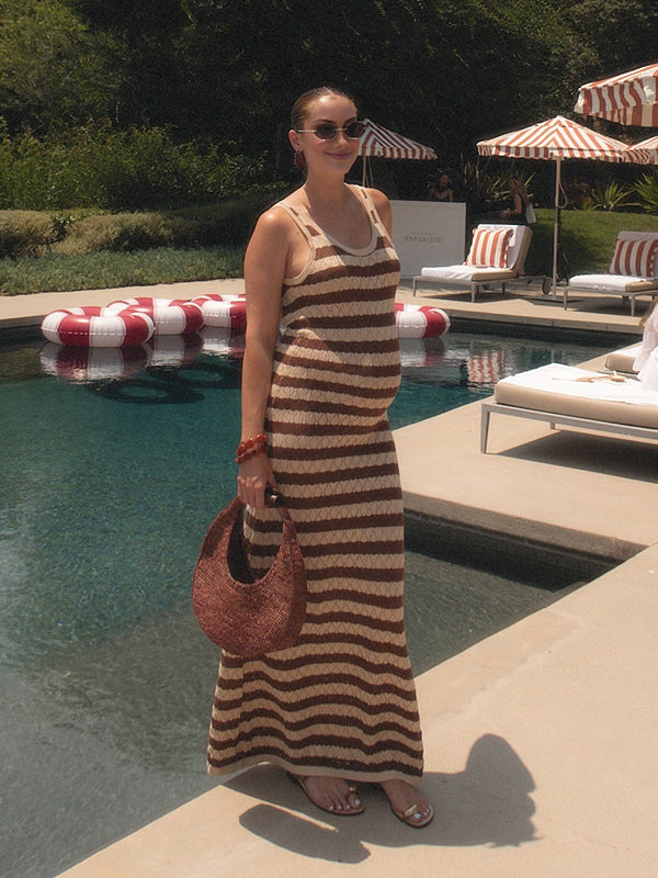 Beaumama robe longue grossesse vacances rayé crochet tricot dos nu couleur bloc femme enceinte