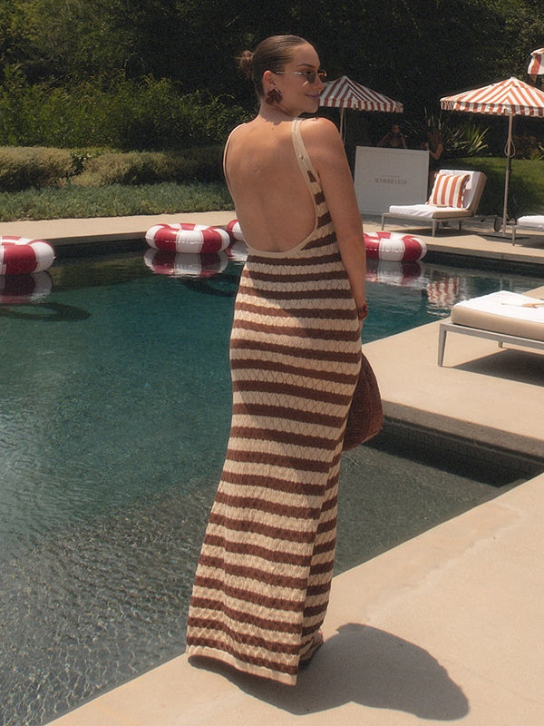 Beaumama robe longue grossesse vacances rayé crochet tricot dos nu couleur bloc femme enceinte