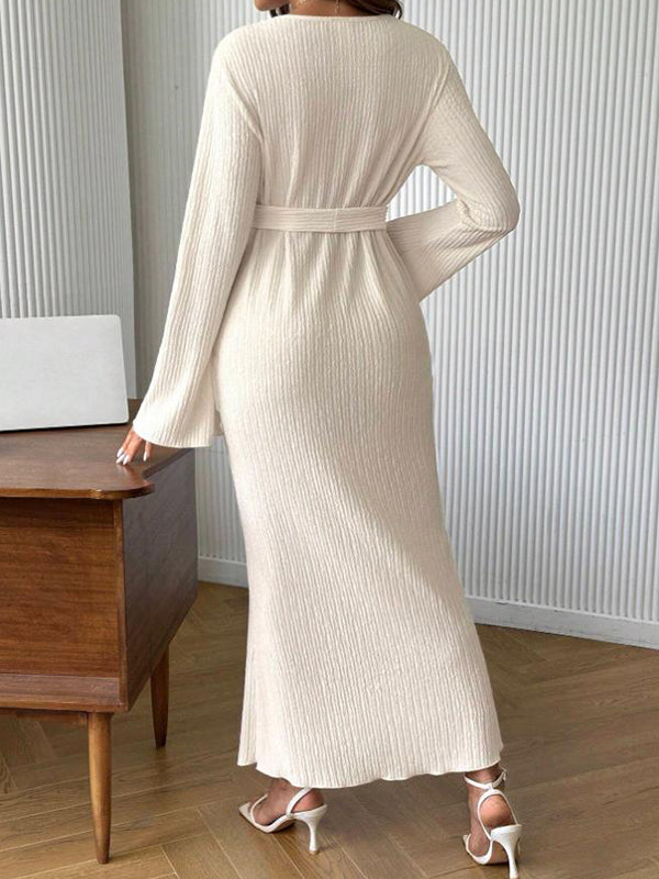 Beaumama robe longue grossesse casual chic ceinture rayé moulante manches trompette femme enceinte