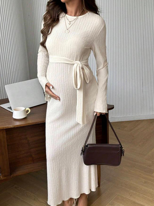 Beaumama robe longue grossesse casual chic ceinture rayé moulante manches trompette femme enceinte
