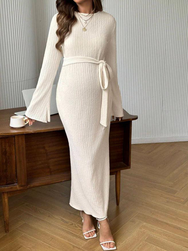 Beaumama robe longue grossesse casual chic ceinture rayé moulante manches trompette femme enceinte