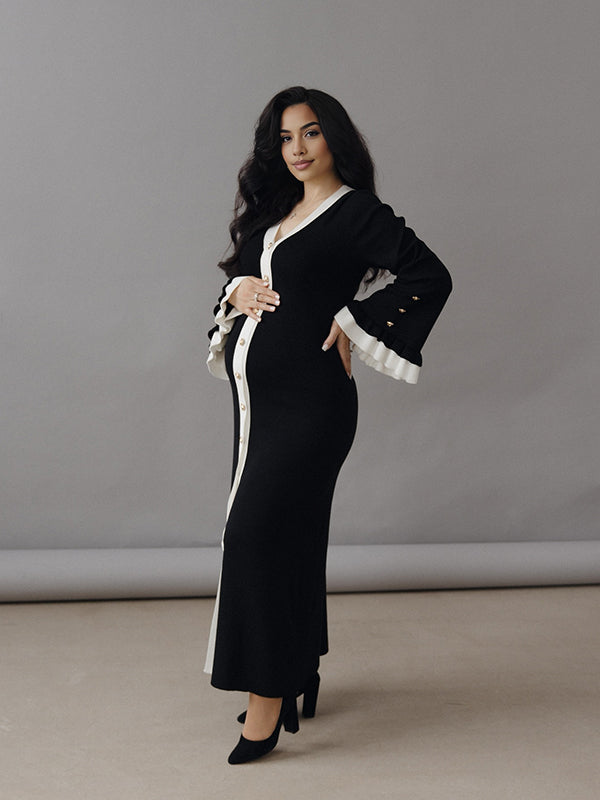 Beaumama robe shooting longue grossesse chic couleur bloc volants boutonnage photo femme enceinte