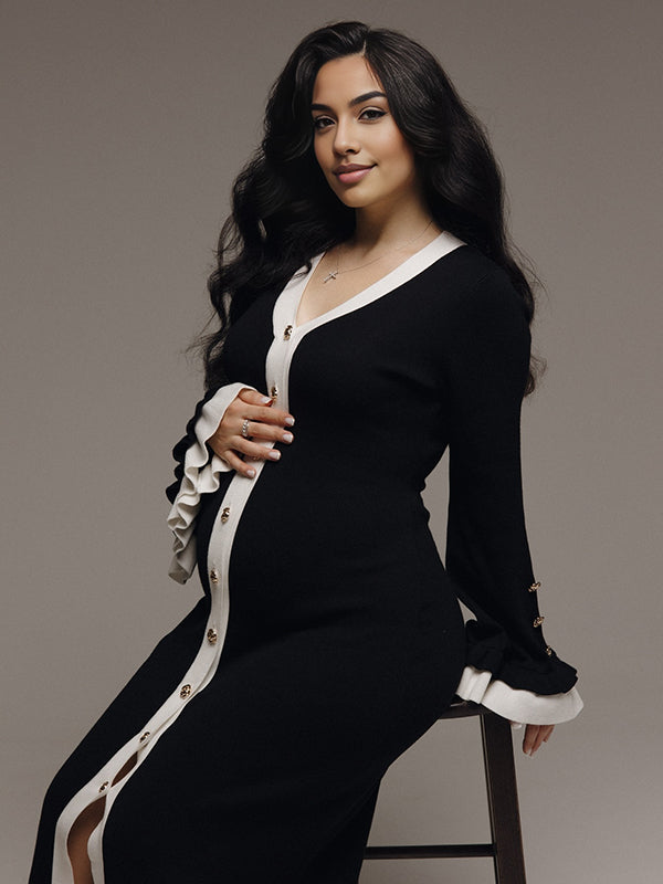 Beaumama robe shooting longue grossesse chic couleur bloc volants boutonnage photo femme enceinte