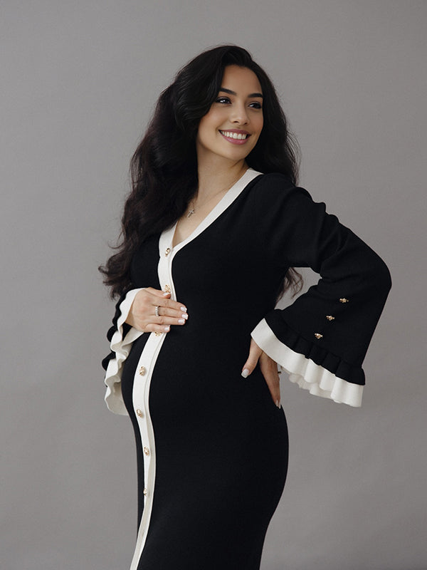 Beaumama robe shooting longue grossesse chic couleur bloc volants boutonnage photo femme enceinte