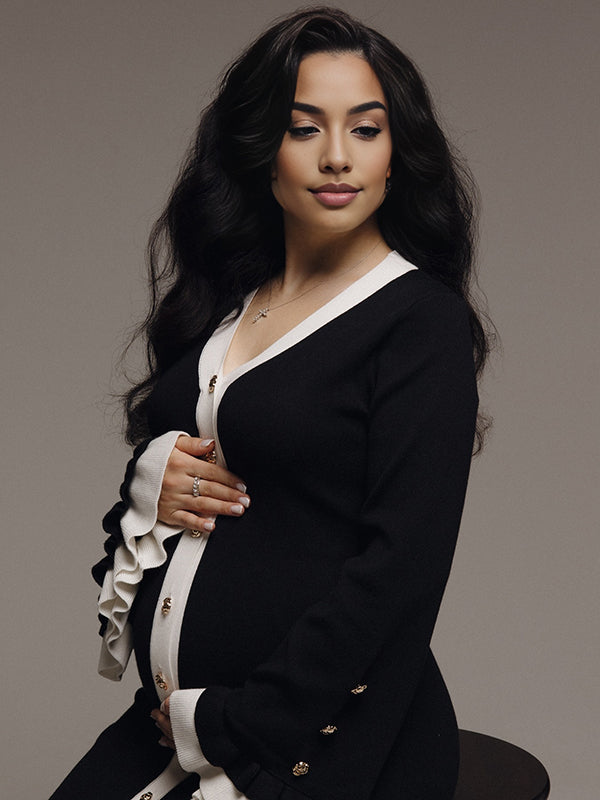 Beaumama robe shooting longue grossesse chic couleur bloc volants boutonnage photo femme enceinte
