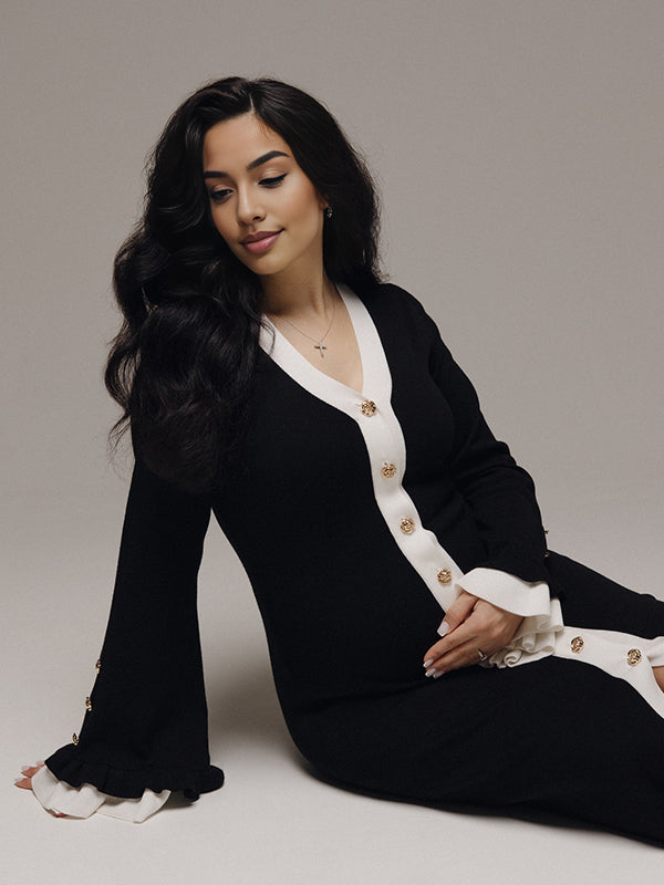 Beaumama robe shooting longue grossesse chic couleur bloc volants boutonnage photo femme enceinte