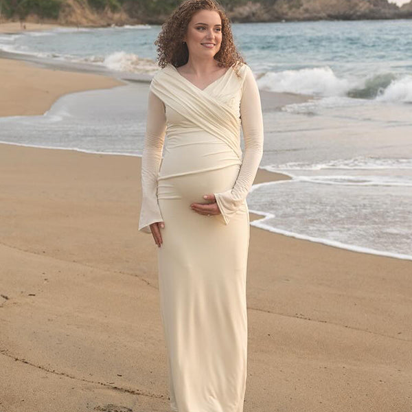 Beaumama robe longue grossesse cocktail chic épissage plissé moulante enceinte shooting femme enceinte