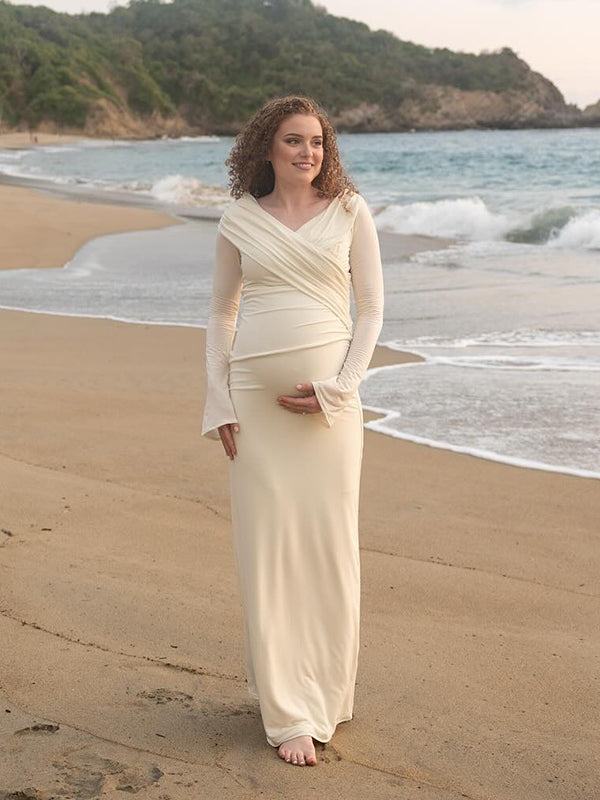 Beaumama robe longue grossesse cocktail chic épissage plissé moulante enceinte shooting femme enceinte