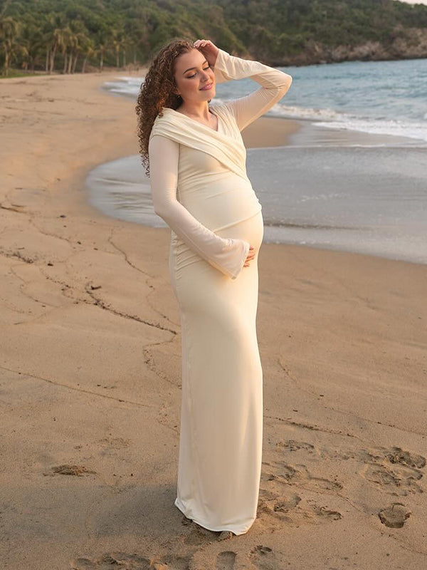 Beaumama robe longue grossesse cocktail chic épissage plissé moulante enceinte shooting femme enceinte