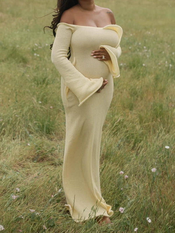 Beaumama robe longue grossesse cocktail chic épaule dénudée volants moulante enceinte shooting femme enceinte