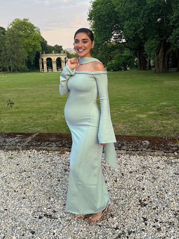 Beaumama robe longue grossesse cocktail chic épaule dénudée tricot torsadé ruban manches trompette femme enceinte