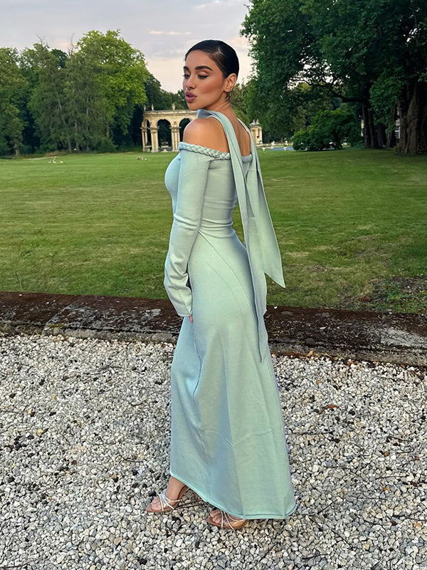 Beaumama robe longue grossesse cocktail chic épaule dénudée tricot torsadé ruban manches trompette femme enceinte
