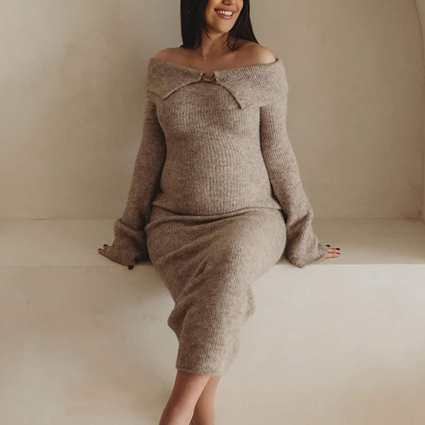 Beaumama robe shooting longue pulls grossesse élégant chic boucle épaule dénudée moulante femme enceinte