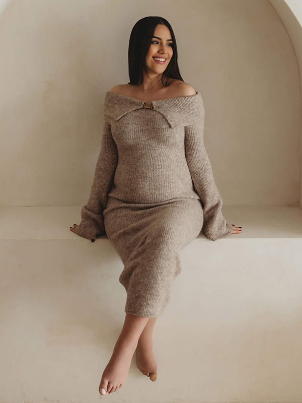 Beaumama robe shooting longue pulls grossesse élégant chic boucle épaule dénudée moulante femme enceinte
