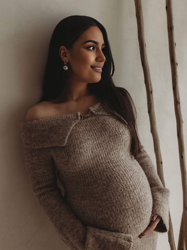 Beaumama robe shooting longue pulls grossesse élégant chic boucle épaule dénudée moulante femme enceinte