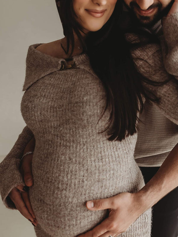 Beaumama robe shooting longue pulls grossesse élégant chic boucle épaule dénudée moulante femme enceinte