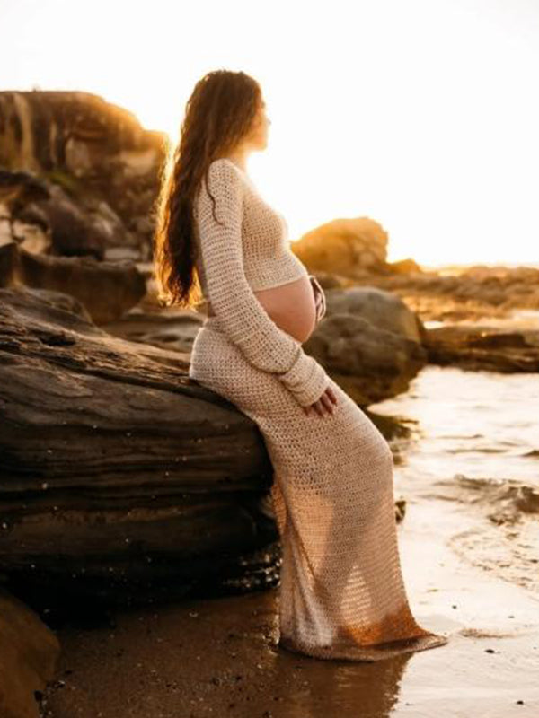 Beaumama robe shooting longue grossesse vacances 2 pièces crochet tricot fendu le côté photo femme enceinte