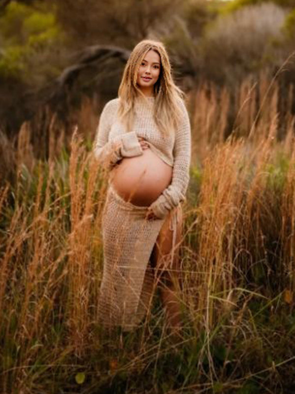 Beaumama robe shooting longue grossesse vacances 2 pièces crochet tricot fendu le côté photo femme enceinte