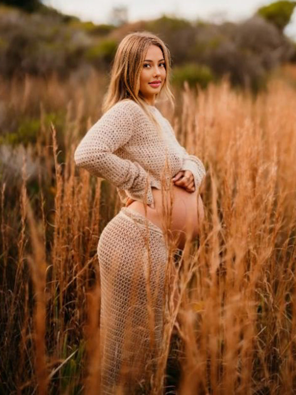 Beaumama robe shooting longue grossesse vacances 2 pièces crochet tricot fendu le côté photo femme enceinte