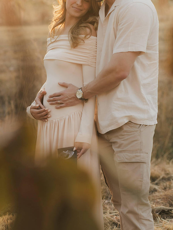 Beaumama robe shooting longue grossesse vacances épaule dénudée plissé trapèze femme enceinte