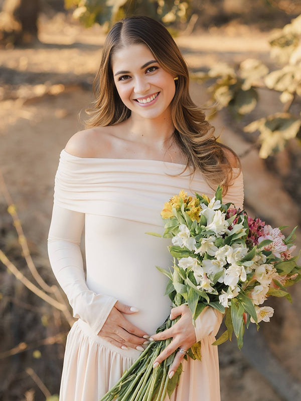 Beaumama robe shooting longue grossesse vacances épaule dénudée plissé trapèze femme enceinte