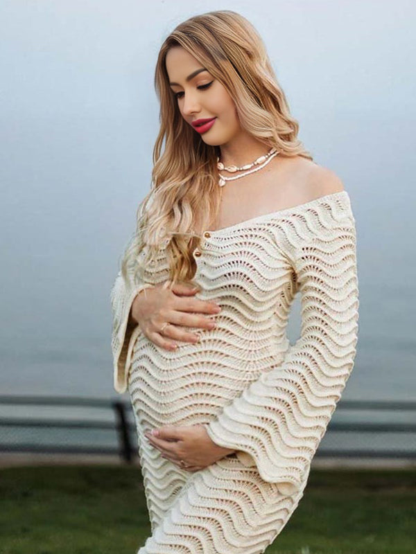 Beaumama robe shooting longue grossesse vacances chic crochet tricot dos nu bord ondulé femme enceinte