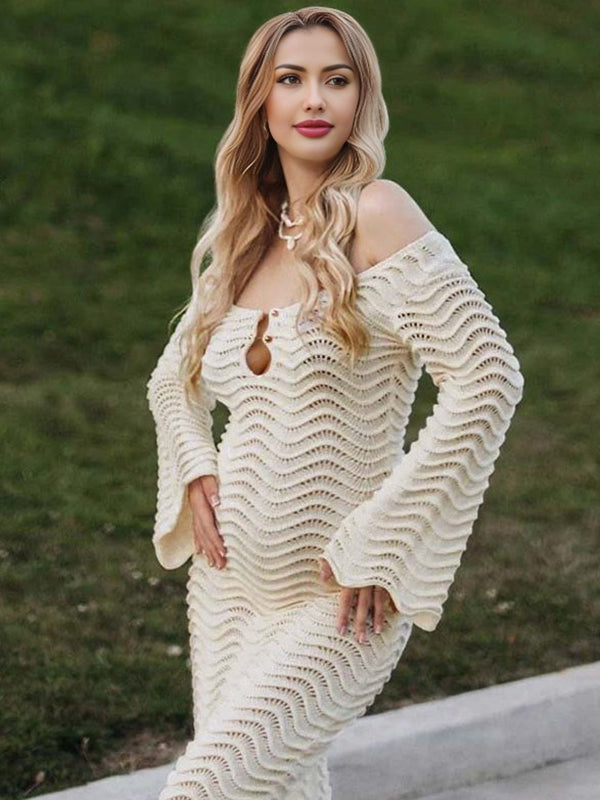 Beaumama robe shooting longue grossesse vacances chic crochet tricot dos nu bord ondulé femme enceinte