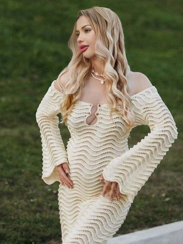 Beaumama robe shooting longue grossesse vacances chic crochet tricot dos nu bord ondulé femme enceinte