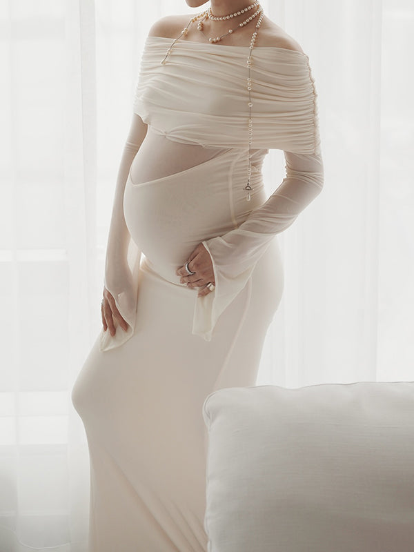 Beaumama robe babyshower longue grossesse élégant chic épissage plissé tulle épaule dénudée sirene femme enceinte