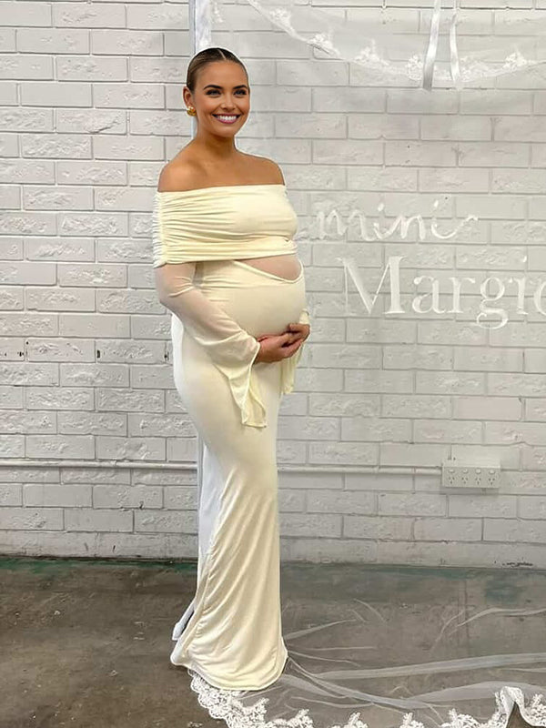 Beaumama robe babyshower longue grossesse élégant chic épissage plissé tulle épaule dénudée sirene femme enceinte