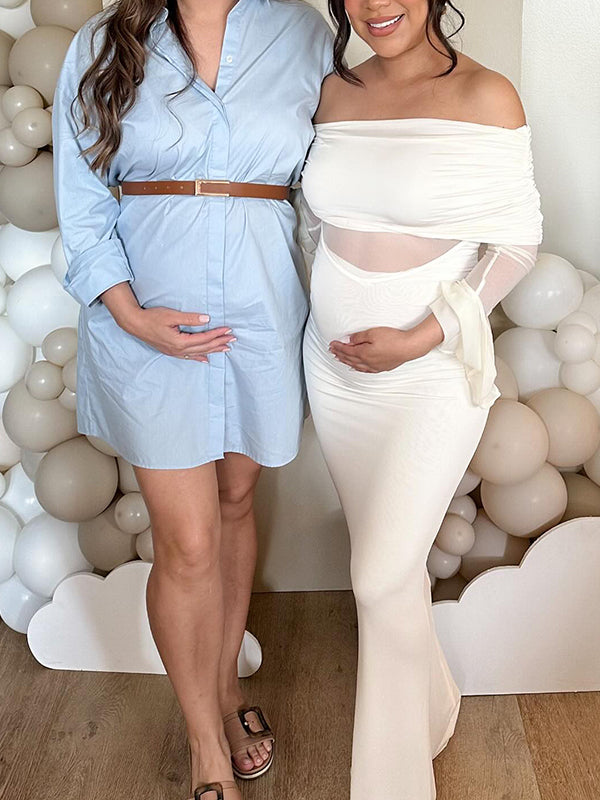 Beaumama robe babyshower longue grossesse élégant chic épissage plissé tulle épaule dénudée sirene femme enceinte