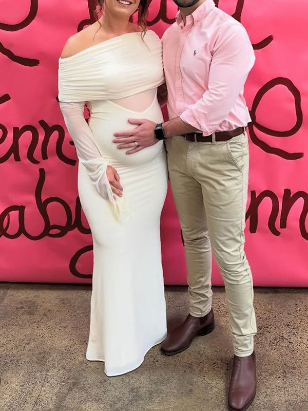 Beaumama robe babyshower longue grossesse élégant chic épissage plissé tulle épaule dénudée sirene femme enceinte