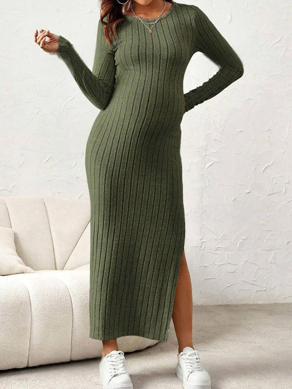 Beaumama robe longue grossesse casual chic fendu le côté moulante rayé femme enceinte