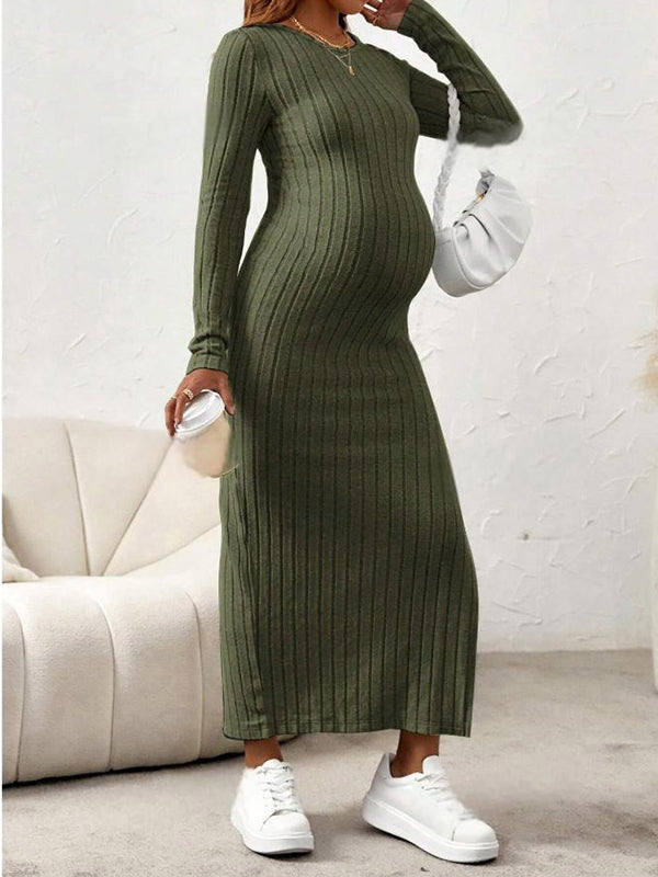 Beaumama robe longue grossesse casual chic fendu le côté moulante rayé femme enceinte