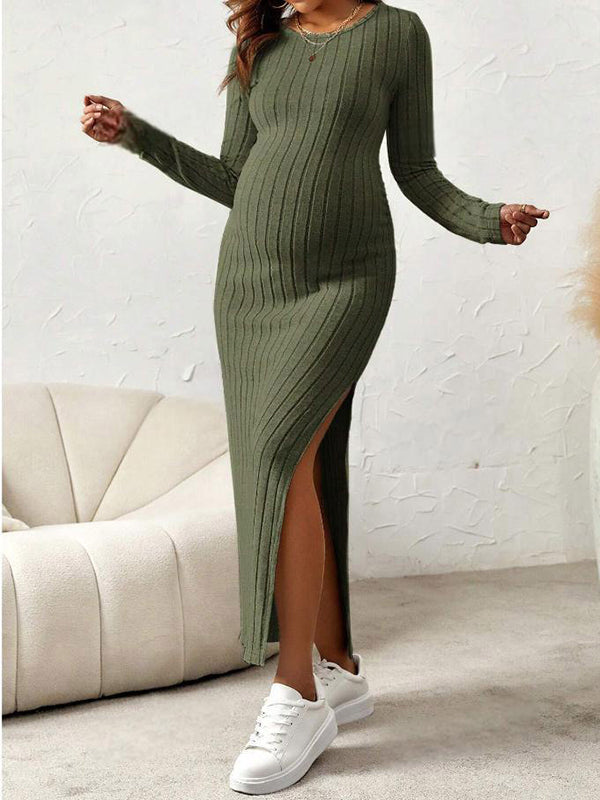Beaumama robe longue grossesse casual chic fendu le côté moulante rayé femme enceinte