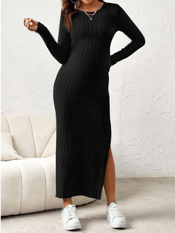 Beaumama robe longue grossesse casual chic fendu le côté moulante rayé femme enceinte