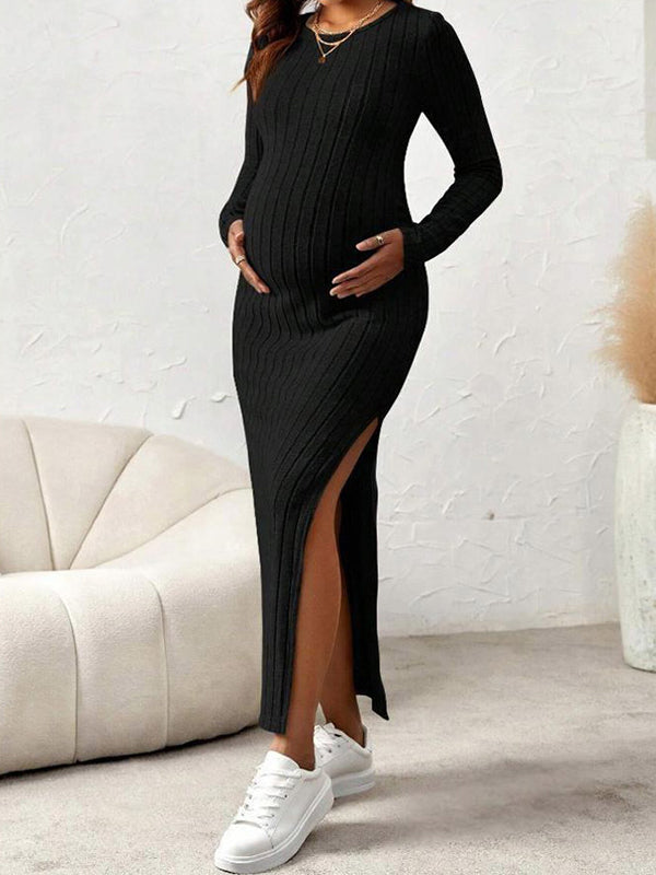 Beaumama robe longue grossesse casual chic fendu le côté moulante rayé femme enceinte
