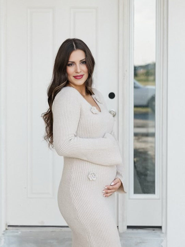Beaumama robe shooting longue grossesse vacances chic 3D fleurie moulante manches trompette femme enceinte