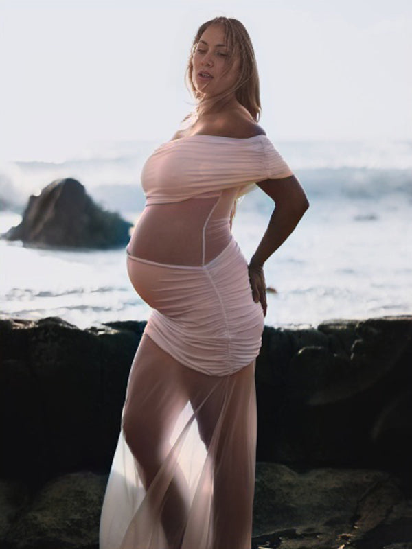 Beaumama robe shooting longue grossesse tulle épissage transparent irrégulier épaule asymétrique fluide femme enceinte