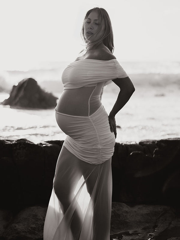 Beaumama robe shooting longue grossesse tulle épissage transparent irrégulier épaule asymétrique fluide femme enceinte