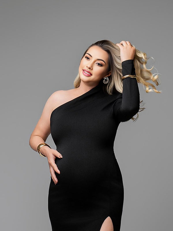 Beaumama robe shooting longue grossesse chic moulante épaule asymétrique fendu le côté femme enceinte