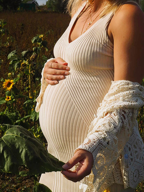 Beaumama robe shooting mi-longue grossesse vacances chic moulante rayé strap femme enceinte
