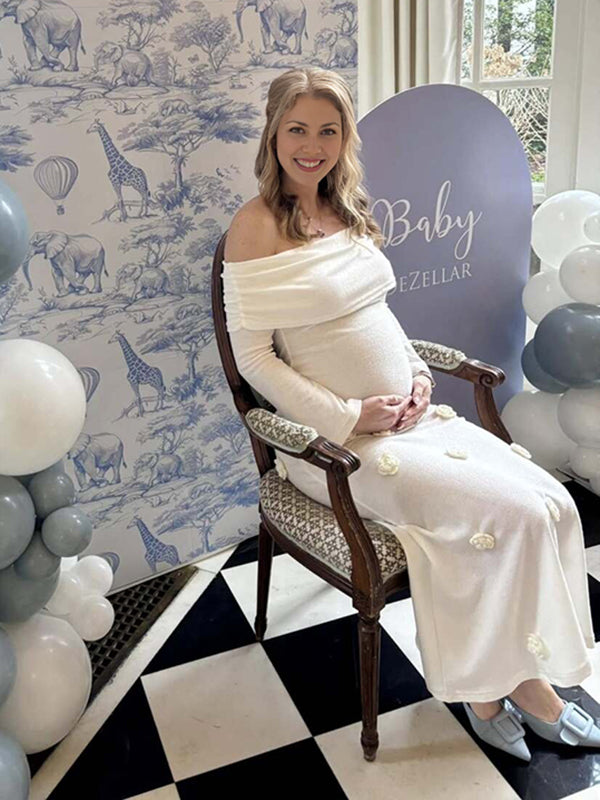 Beaumama robe longue pull grossesse tricot 3D fleur off shoulder manches trompette photo femme enceinte