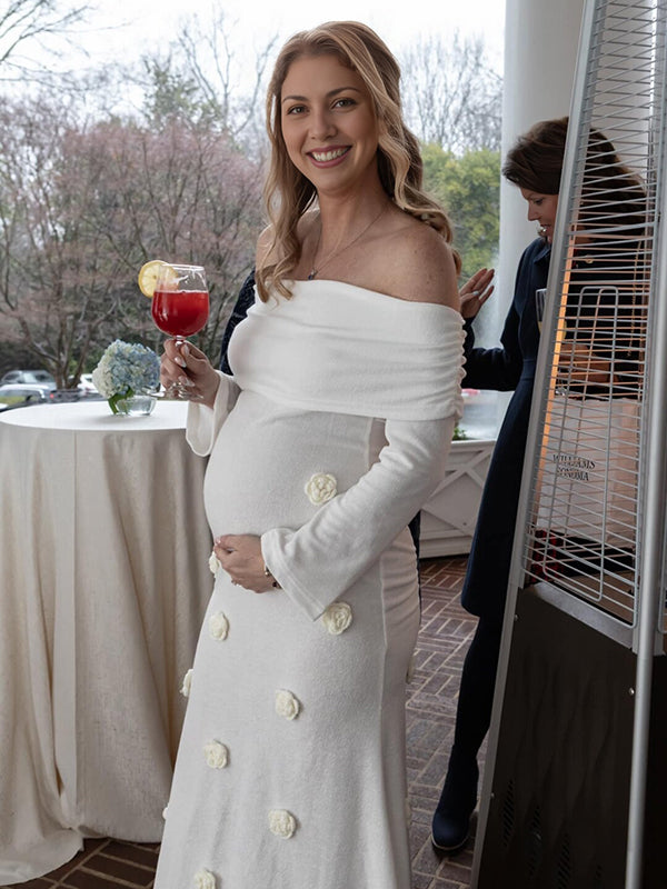 Beaumama robe longue pull grossesse tricot 3D fleur off shoulder manches trompette photo femme enceinte