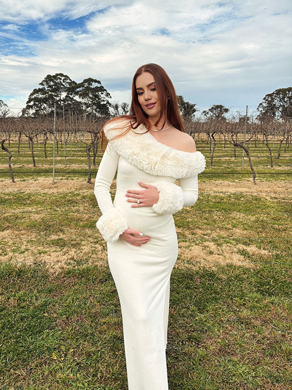 Beaumama robe longue grossesse élégant chic poilu fendu le côté épaule dénudée moulante femme enceinte